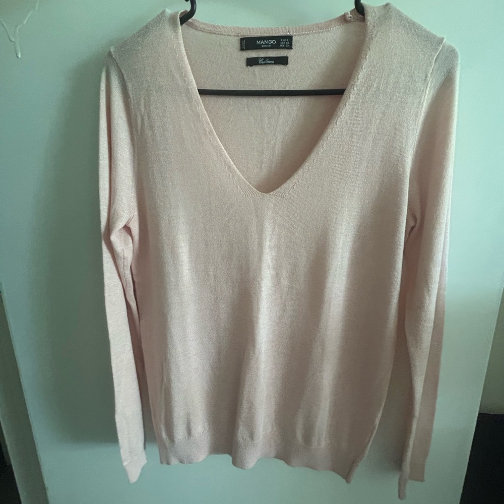Mango Pink V-Neck Sweater Soft Knit Classic cashmere small
